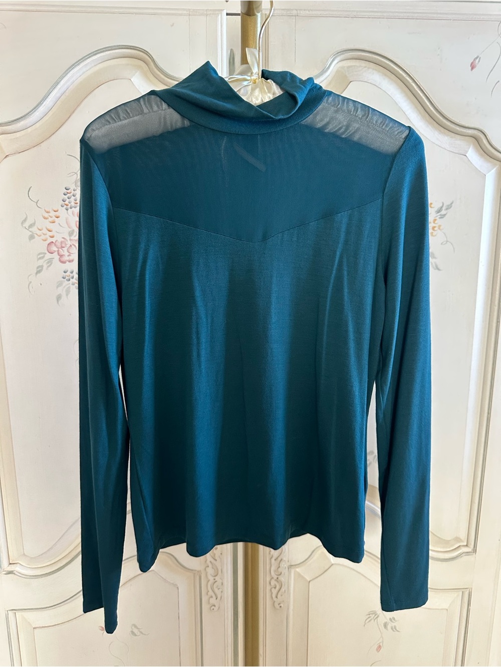 Anthropologie Teal Long-Sleeve Top with Sheer Yoke